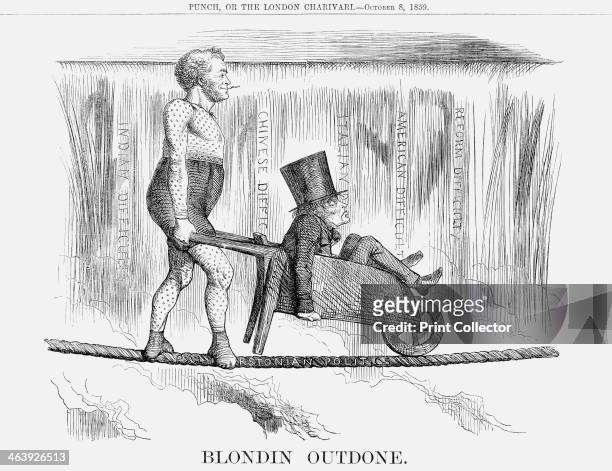 'Blondin Outdone', 1859. Palmerston, dressed in contemporary circus costume, wheeling a nervous looking Lord John Russell across a tightrope with...