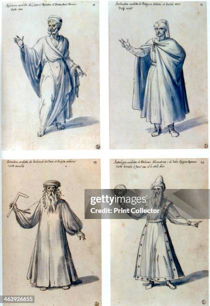 Costume design for classical figures, 16th century. Top left: Marcus Tullius Cicero , Roman orator and statesman. Top right: Euclid , Greek...