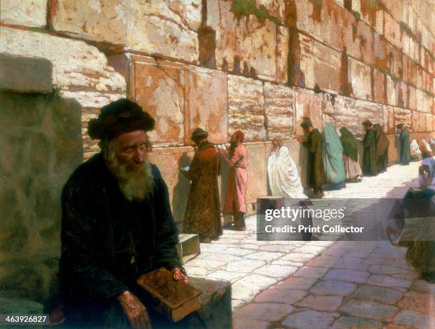 'The Wailing Wall, Jerusalem', 19th century. Men and women praying at the Wailing Wall. The wall, also known as the Western Wall is the only remnant...