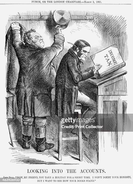 'Looking into the Accounts', 1861. Mr Bull, the representative of the British people, hangs up his coat and hat, ready for a long stint of checking...