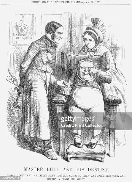 'Master Bull and his Dentist', 1861. Master Bull sits in the dentist's chair crying, while being handed a coin by the dentist. The dentist consoles...