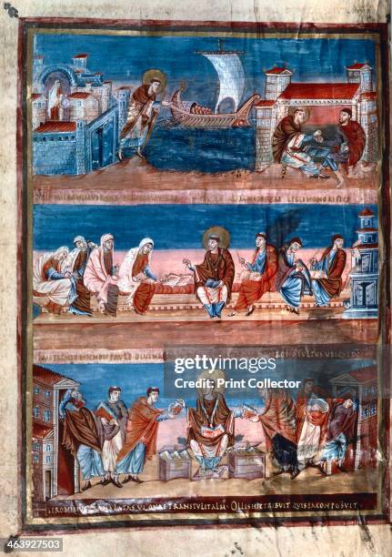 Scenes from the life of St Jerome, from the Bible of Charles the Bald, 9th century. Top: Jerome leaves Rome for Jerusalem to take Hebrew lessons;...