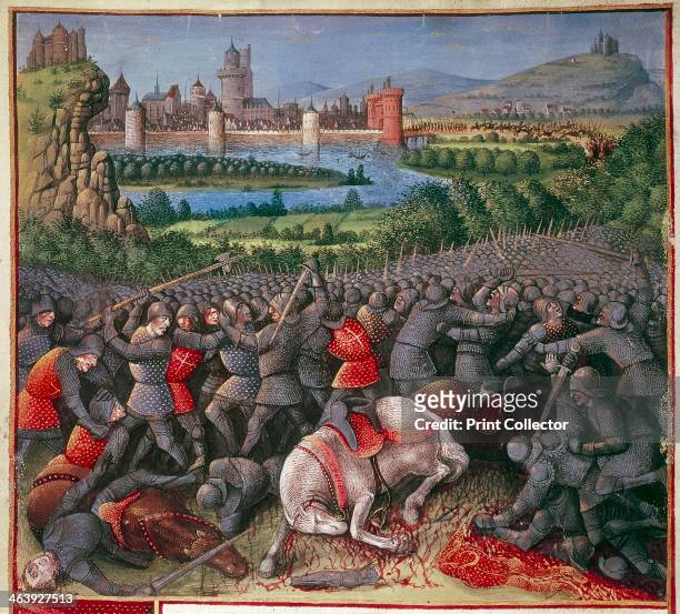 Battle during First Crusade , 1096-1099, . Foreground: mounted knights unhorsed and killed. Centre: melee of hand-to-hand fighting with, on left, man...
