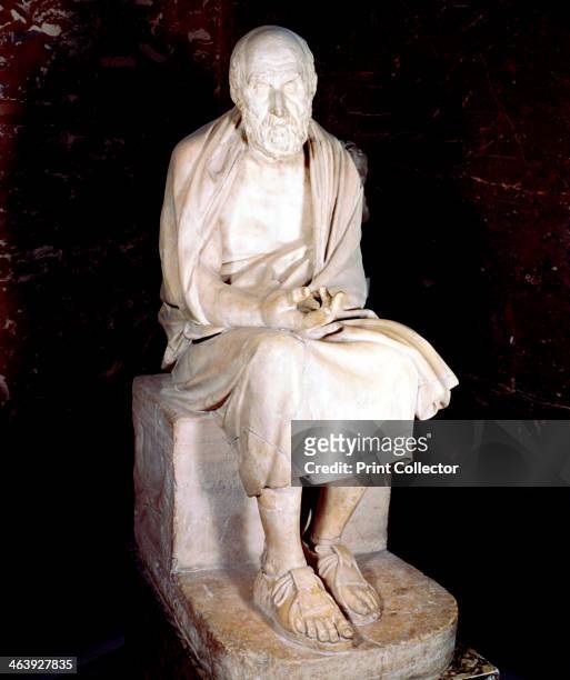 Statue of seated man said to be Herodotus, Ancient Greek historian. Herodotus is often called the 'Father of History'.