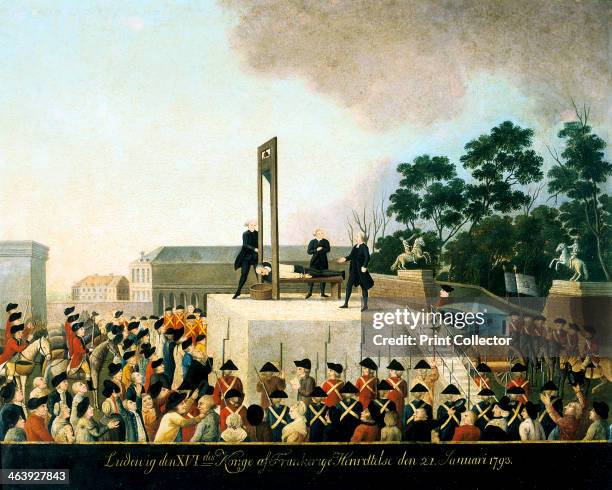 Execution by guillotine of Louis XVI of France, Paris, 21 January 1793 . Louis lying bound on the guillotine waiting for the blade to fall and...