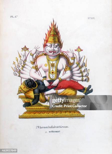 Vishnu, one of the gods of the Hindu trinity , c19th century. Vishnu in his fourth avatar of Narasimha, the man lion. From L'Inde Francaise.