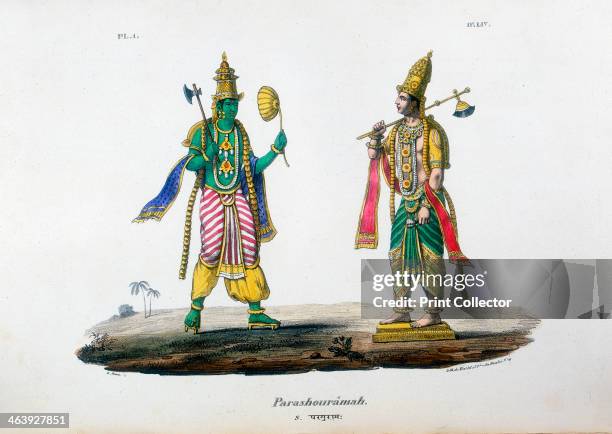 Vishnu one of the gods of the Hindu trinity , c19th century. Vishnu in his avatar as Parshu-Rama, Rama with the Axe. From L'Inde Francaise.