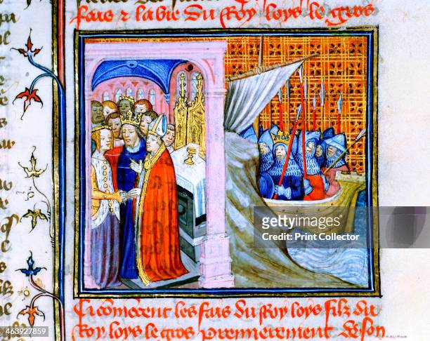 Two scenes from the Chronique de St Denis, late 14th century. The left-hand scene depicts the Marriage of Eleanor of Aquitaine and Louis VII of...