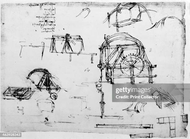 Sketch of a perpetual motion device designed by Leonardo da Vinci, c1472-1519. Da Vinci's scientific drawings featured ideas such as a spinning wheel...
