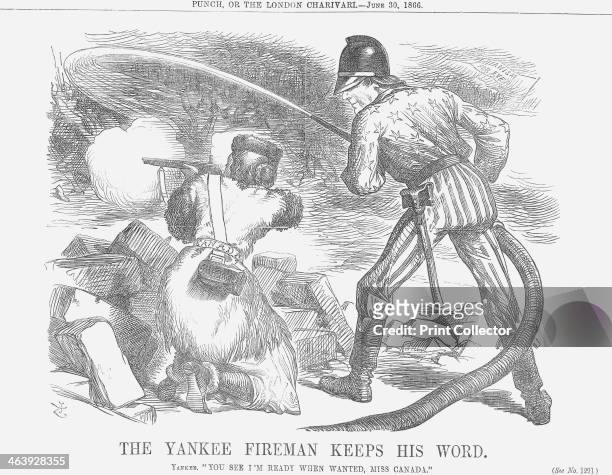 'The Yankee Fireman keeps his Word', 1866. President Andrew Johnson , in his fireman's helmet, and stars and stripes uniform, is seen turning the...