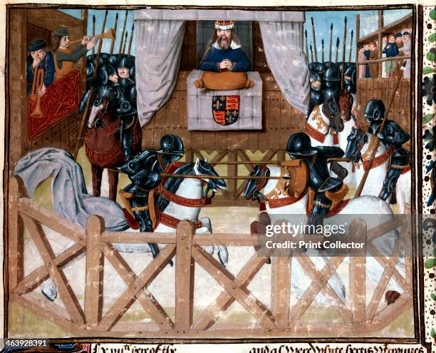 Richard II, King of England, presiding at a tournament, 1377-1379 . Watched by the king, mounted knights in armour joust with lances. In the pavilion...