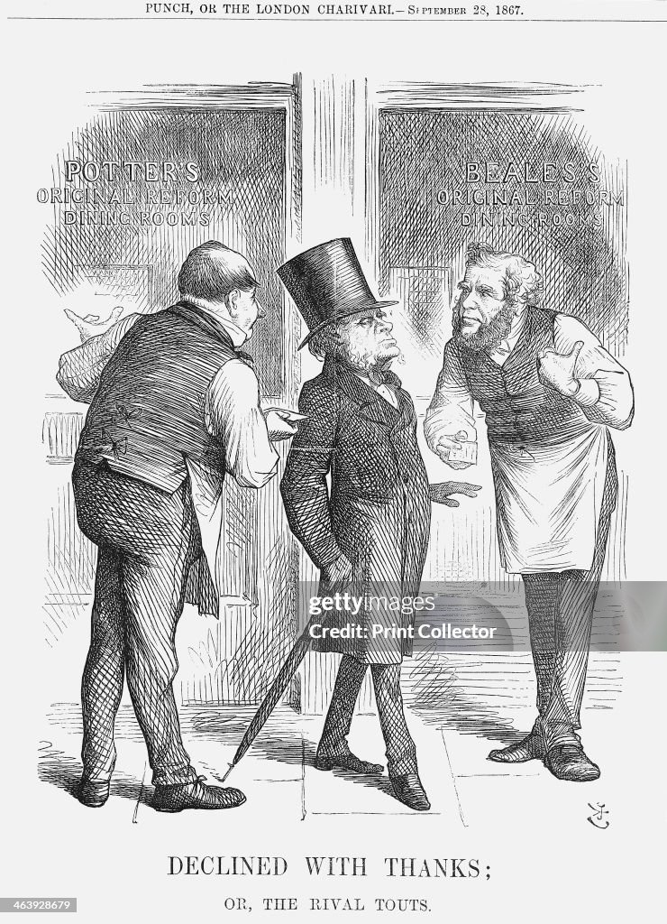 'Declined With Thanks; Or The Rival Touts', 1867. This cartoon... News