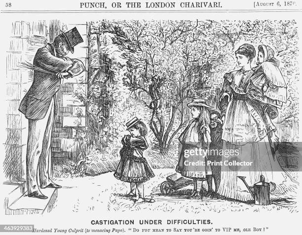 'Castigation Under Difficulties', 1870. This cartoon shows the child growing up in the image of his father. There is the large family central to...