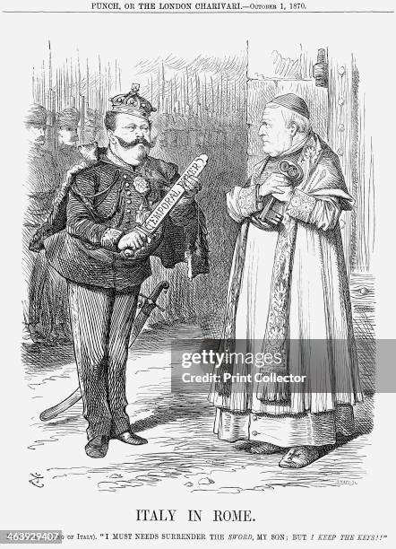 'Italy in Rome', 1870. King Victor Emmanuel II of Italy takes the sword of Temporal Power from Pope Pius IX who hangs on to his keys. Earlier in the...