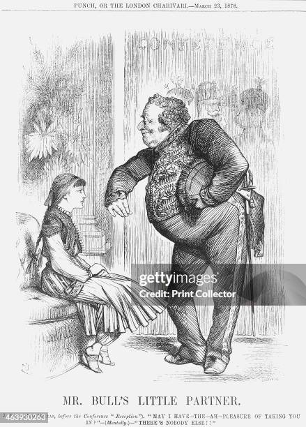 'Mr Bull's Little Partner', 1878. John Bull, that stalwart representative of the British people, offers his arm to Greece. Behind the curtain can be...