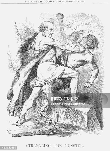 'Strangling the Monster', 1881. The Liberal Prime Minister, Mr Gladstone, is seen strangling the three headed monster of the Irish Land League. This...