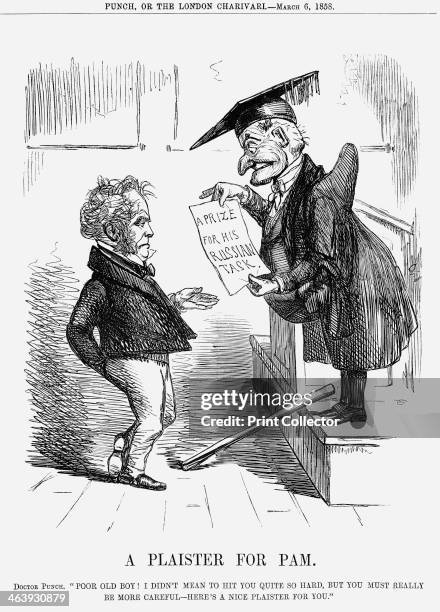 Plaister for Pam.', 1858. Like a whipped schoolboy, and rubbing his bruises, Palmerston is receiving from Mr Punch a 'consolation' prize for his...