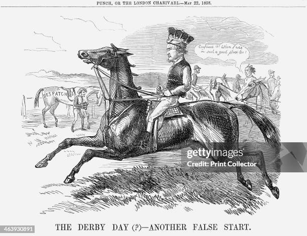 'The Derby Day - Another False Start', 1858. This cartoon shows Palmerston in the background, dismounted from his horse, 'Despatch', having been...