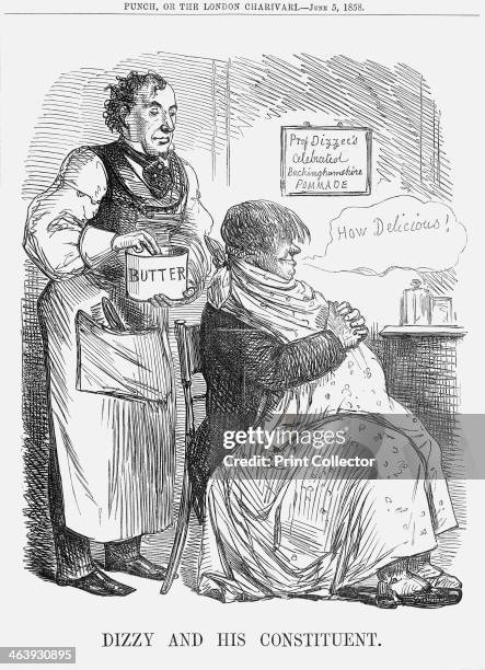 'Dizzy and his Constituent.', 1858. Disraeli is about to style a man's hair with butter. The man in the chair, unaware of what is going to happen, is...