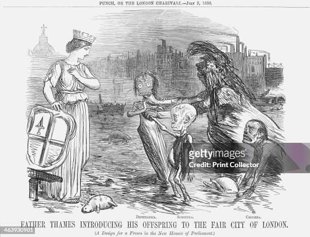 'Father Thames introducing his offspring to the fair city of London.', 1858. '' Father Thames introduces his children, Diptheria, Scrofula and...