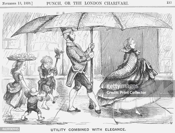 'Utility Combined with Elegance', 1858. This cartoon is one of very many in Punch during the mid-Victorian period which satirise women's fashions....