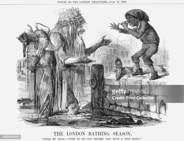 'The London Bathing Season', 1859. Come, my dear! - come to its Old Thames, and have a Nice Bath! Father Thames is here shown trying to coax a...