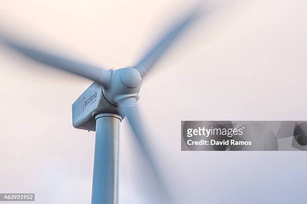 Wind turbine spins at an Acciona wind farm on February 17, 2015 near Igualada, Spain. France and Spain inaugurate the newly combined electrecity...