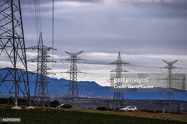 Electricity transmission pylons stand on February 17, 2015 near Figueres, Spain. France and Spain inaugurate the newly combined electrecity project...