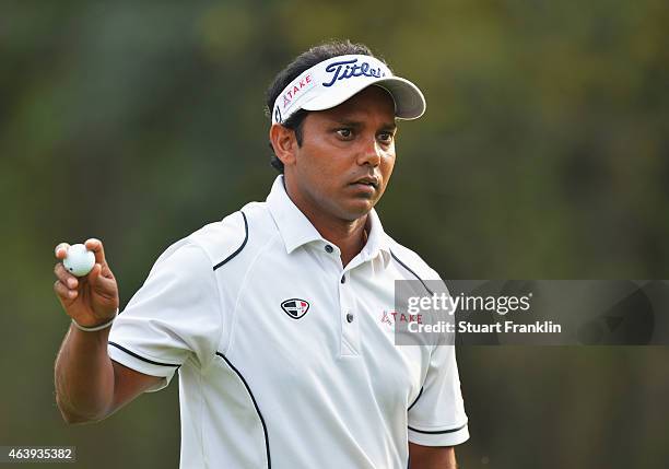 Chawrasia of India celebrates a putt during the second round of the Hero India Open Golf at Delhi Golf Club on February 20, 2015 in New Delhi, India.