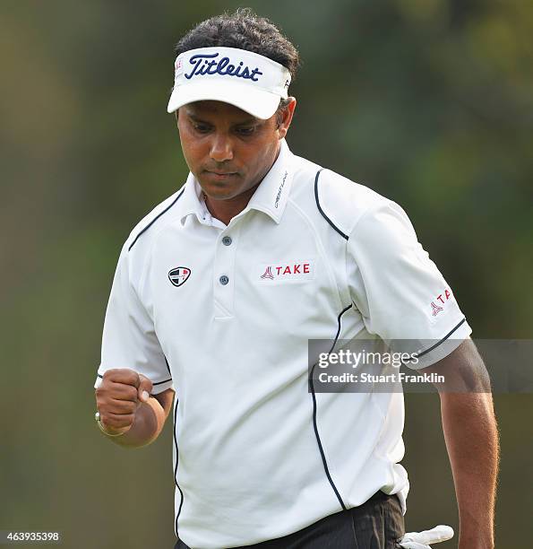 Chawrasia of India celebrates a putt during the second round of the Hero India Open Golf at Delhi Golf Club on February 20, 2015 in New Delhi, India.