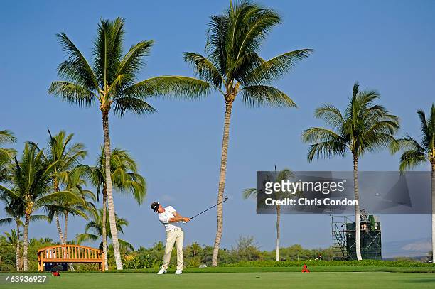 Bernhard Langer of Germany tees off on the 14th hole during the final round of the Mitsubishi Electric Championship at Hualalai Golf Club on January...