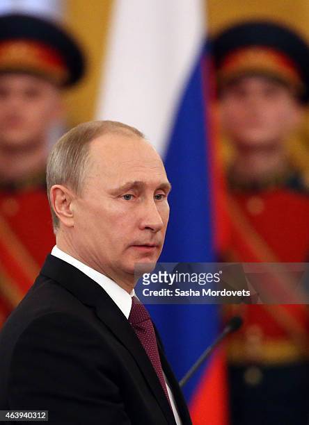 Russian President Vladimir Putin arrives to give a speech during an award ceremony in which he gave awards to 30 veterans of WWII at the Grand...