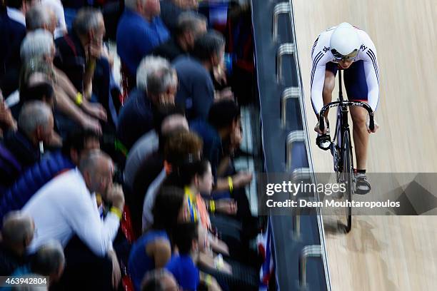 Jessica Varnish of the Great Britain Cycling Team competes in the Womens Sprint Qualifying race during day 3 of the UCI Track Cycling World...