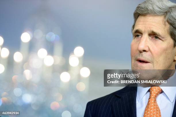 Secretary of State John Kerry speaks to the press before a meeting with Jordanian Foreign Minister Nasser Judeh at the US State Department February...