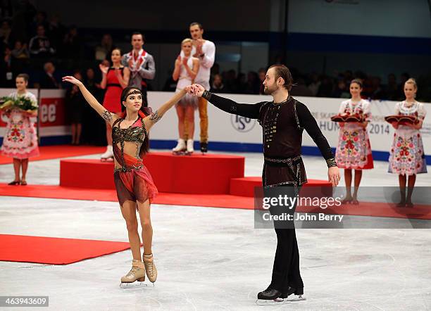 Vera Bazarova and Yuri Larionov of Russia finish third and win the bronze medal in the Pairs Skating event of the ISU European Figure Skating...