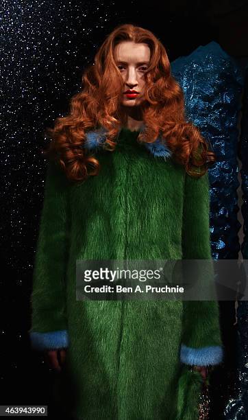 Model at the Shrimps presentation during London Fashion Week Fall/Winter 2015/16 at Somerset House on February 20, 2015 in London, England.