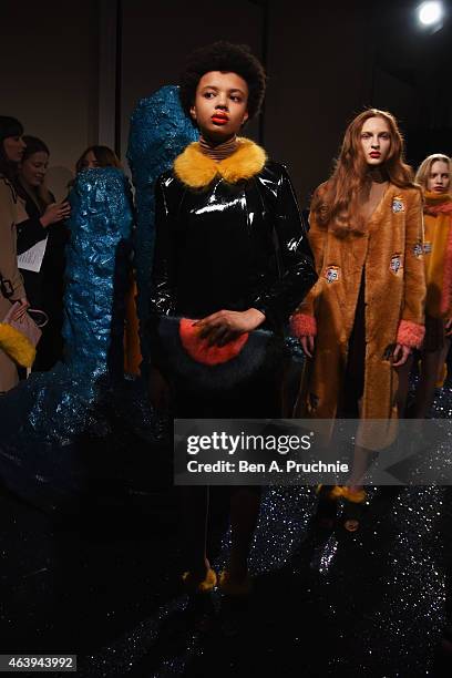 Model at the Shrimps presentation during London Fashion Week Fall/Winter 2015/16 at Somerset House on February 20, 2015 in London, England.