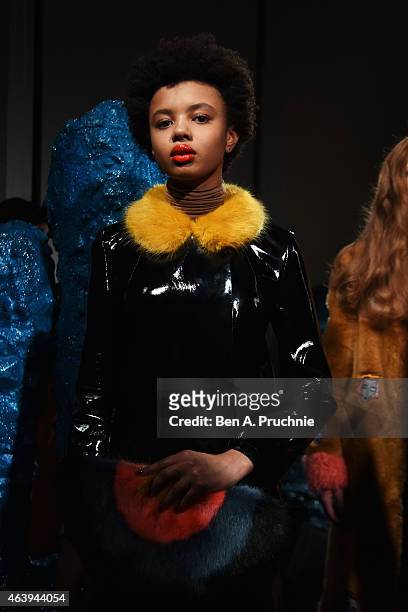 Model at the Shrimps presentation during London Fashion Week Fall/Winter 2015/16 at Somerset House on February 20, 2015 in London, England.