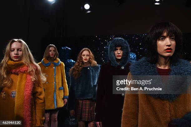 Models at the Shrimps presentation during London Fashion Week Fall/Winter 2015/16 at Somerset House on February 20, 2015 in London, England.