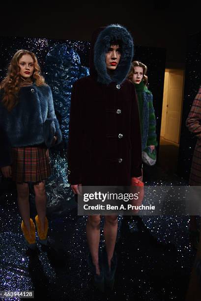 Models at the Shrimps presentation during London Fashion Week Fall/Winter 2015/16 at Somerset House on February 20, 2015 in London, England.