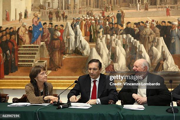 Sandrina Bandera, Luigi Gubitosi and Dario Fo attend the 'L'Arte Secondo Dario Fo' Tv Show - Press Conference on February 20, 2015 in Milan, Italy.