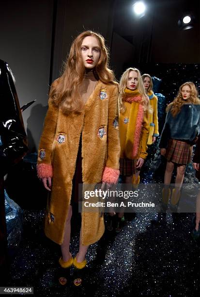 Model poses at the Shrimps presentation during London Fashion Week Fall/Winter 2015/16 at Somerset House on February 20, 2015 in London, England.
