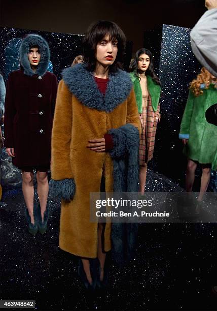 Model poses at the Shrimps presentation during London Fashion Week Fall/Winter 2015/16 at Somerset House on February 20, 2015 in London, England.