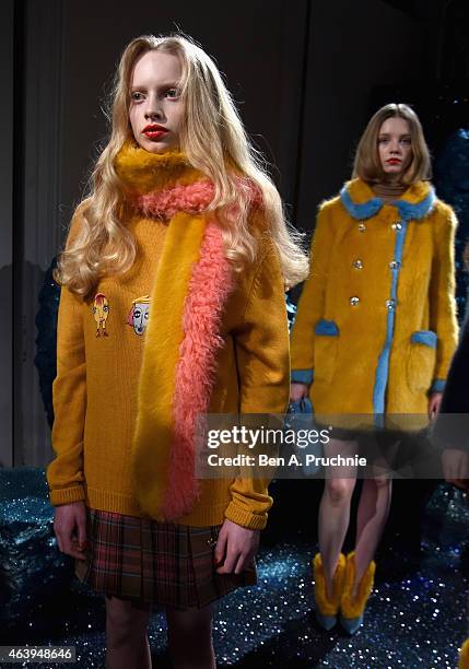 Model poses at the Shrimps presentation during London Fashion Week Fall/Winter 2015/16 at Somerset House on February 20, 2015 in London, England.