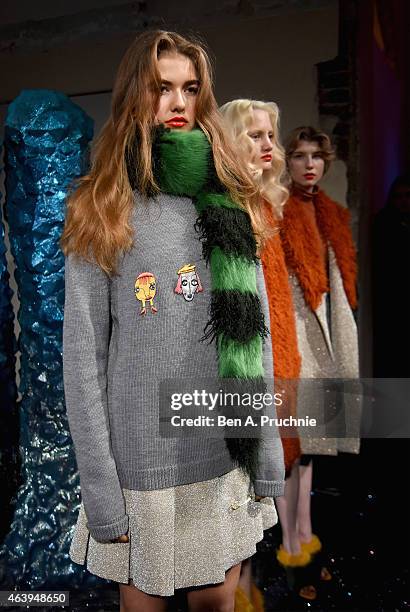 Model poses at the Shrimps presentation during London Fashion Week Fall/Winter 2015/16 at Somerset House on February 20, 2015 in London, England.