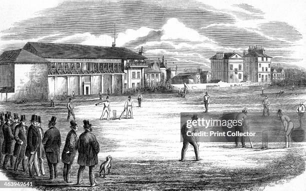 Lord's Cricket Ground, London, 1858. Both spectators and players wear top hats.