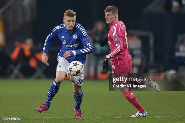 Felix Platte of Schalke 04, Toni Kroos of Real Madrid during the round of 16 UEFA Champions League match between Schalke 04 and Real Madrid on...