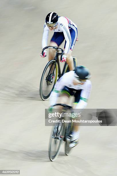 Jessica Varnish of the Great Britain Cycling Team and Anna Mears of Australia compete in the Womens Sprint 1/8 race during day 3 of the UCI Track...