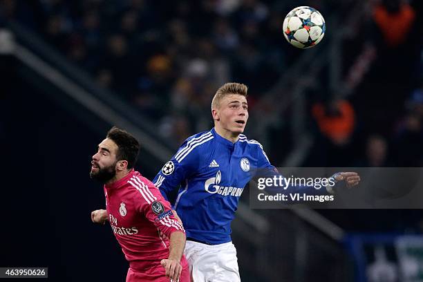 Dani Carvajal of Real Madrid, Felix Platte of Schalke 04 during the round of 16 UEFA Champions League match between Schalke 04 and Real Madrid on...