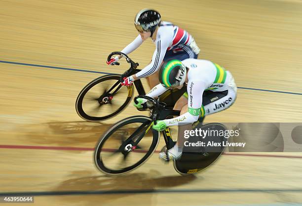 Jess Varnish of the Great Britain Cycling Team beats Anna Meares of Australia in the Women's Sprint 1/8 Final during Day Three of the UCI Track...